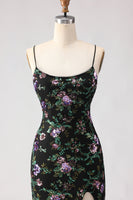 Laden Sie das Bild in den Galerie-Viewer, Schwarzes Meerjungfrauen Pailletten Blumen Schnürung Hinten Langes Ballkleid mit Schlitz