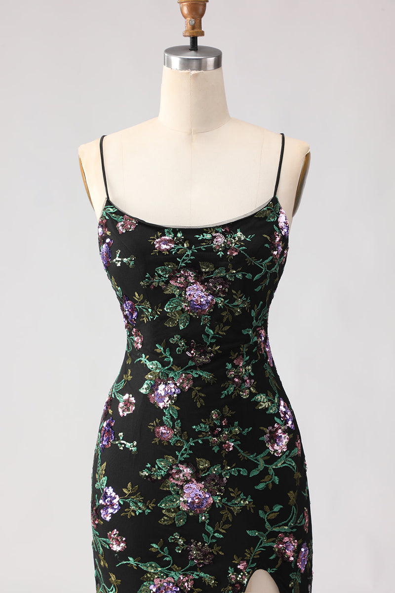 Laden Sie das Bild in den Galerie-Viewer, Schwarzes Meerjungfrauen Pailletten Blumen Schnürung Hinten Langes Ballkleid mit Schlitz