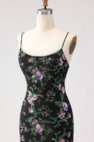 Laden Sie das Bild in den Galerie-Viewer, Schwarzes Meerjungfrauen Pailletten Blumen Schnürung Hinten Langes Ballkleid mit Schlitz