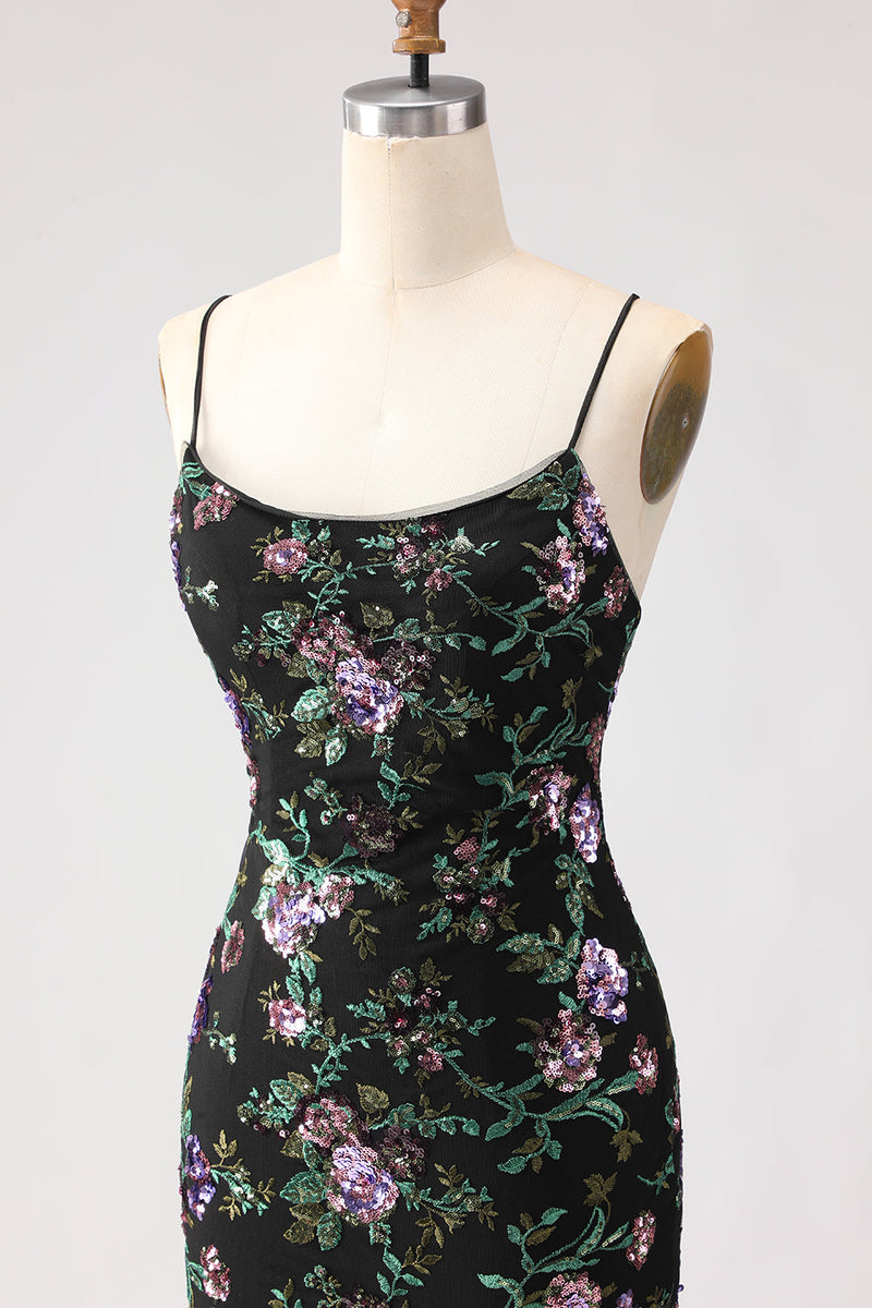 Laden Sie das Bild in den Galerie-Viewer, Schwarzes Meerjungfrauen Pailletten Blumen Schnürung Hinten Langes Ballkleid mit Schlitz