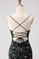 Laden Sie das Bild in den Galerie-Viewer, Schwarzes Meerjungfrauen Pailletten Blumen Schnürung Hinten Langes Ballkleid mit Schlitz