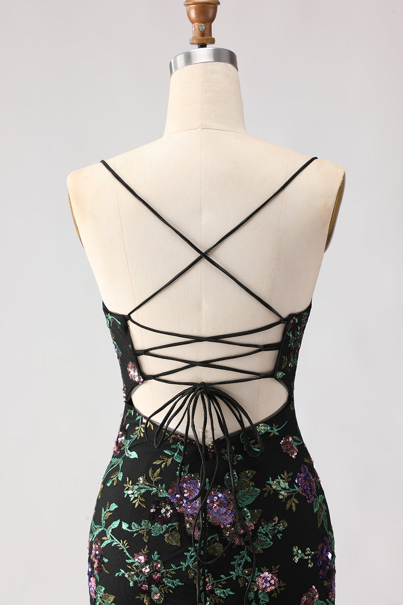 Laden Sie das Bild in den Galerie-Viewer, Schwarzes Meerjungfrauen Pailletten Blumen Schnürung Hinten Langes Ballkleid mit Schlitz