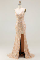 Laden Sie das Bild in den Galerie-Viewer, Champagner Strasssteinen Meerjungfrauen Pailletten Schnürung Rücken Langes Ballkleid mit Schlitz