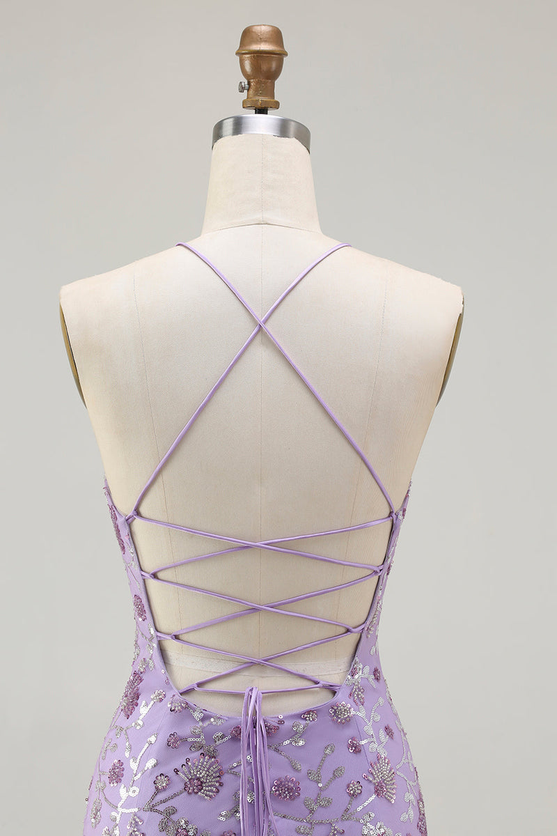 Laden Sie das Bild in den Galerie-Viewer, Champagner Strasssteinen Meerjungfrauen Pailletten Schnürung Rücken Langes Ballkleid mit Schlitz