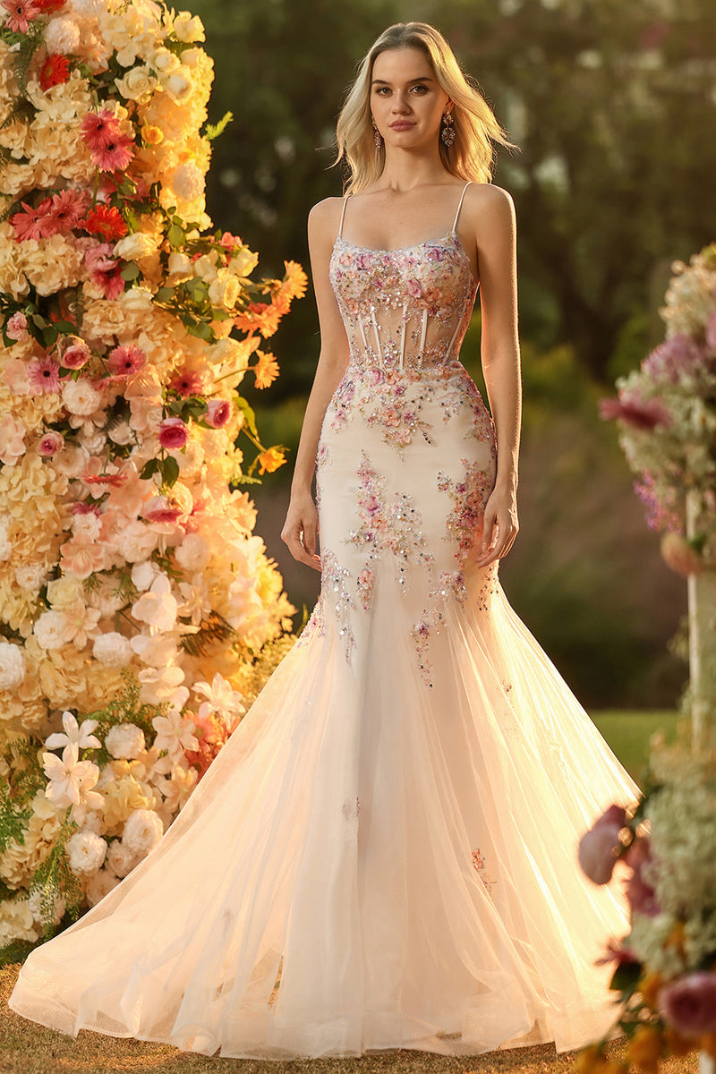 Laden Sie das Bild in den Galerie-Viewer, Glitzerndes Schwarzes Rosa Blumen Meerjungfrauen Korsett Langes Ballkleid mit Schnürung hinten