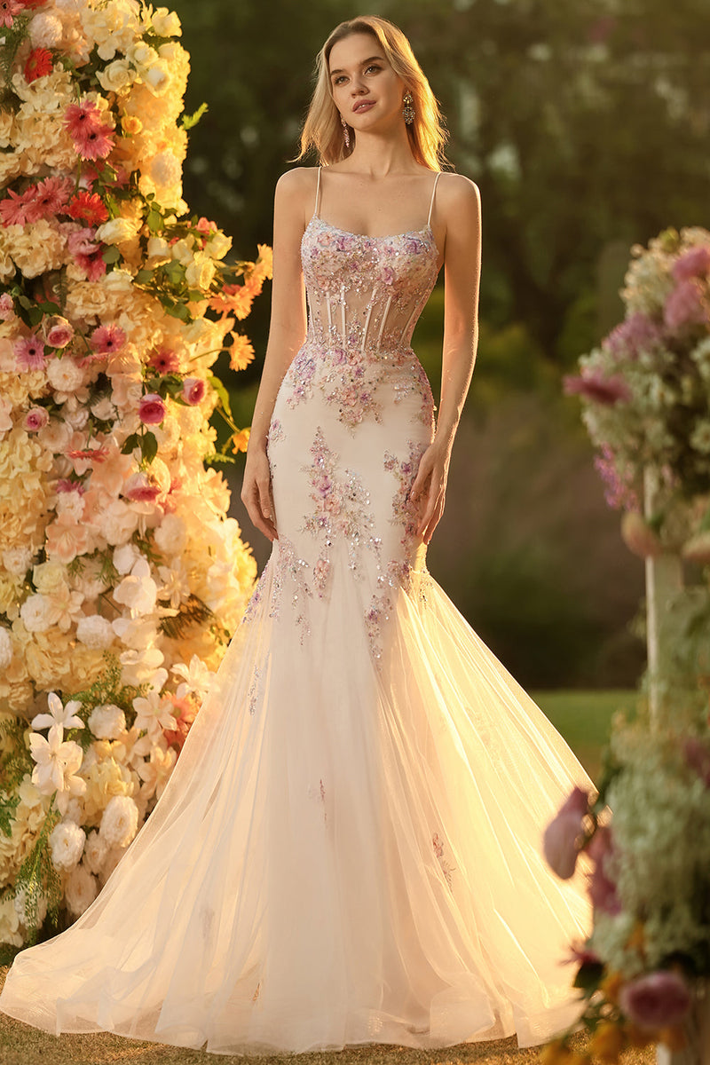 Laden Sie das Bild in den Galerie-Viewer, Glitzerndes Schwarzes Rosa Blumen Meerjungfrauen Korsett Langes Ballkleid mit Schnürung hinten