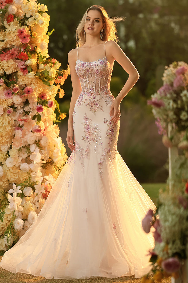 Laden Sie das Bild in den Galerie-Viewer, Glitzerndes Schwarzes Rosa Blumen Meerjungfrauen Korsett Langes Ballkleid mit Schnürung hinten