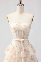 Laden Sie das Bild in den Galerie-Viewer, Rosa Geblümtes Trägerloses Gestuftes A-Linie Korsett Muster Langes Ballkleid mit Strasssteinen und Rüschen