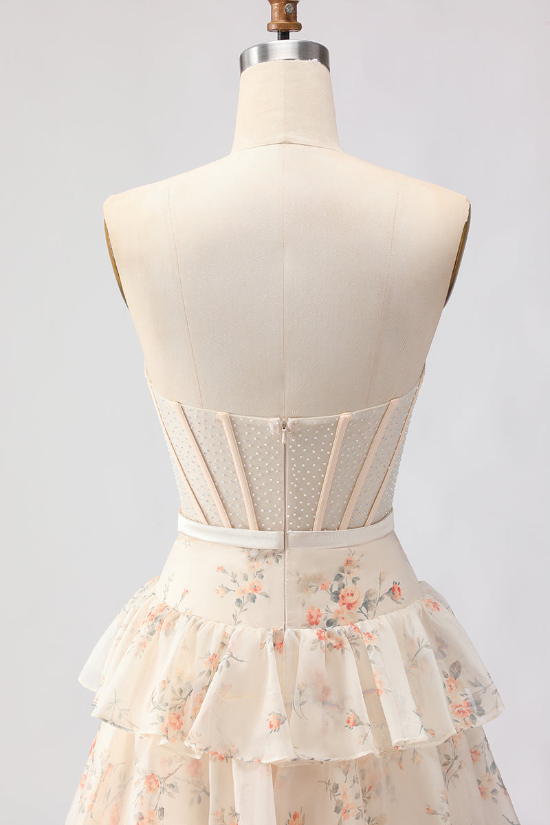 Laden Sie das Bild in den Galerie-Viewer, Rosa Geblümtes Trägerloses Gestuftes A-Linie Korsett Muster Langes Ballkleid mit Strasssteinen und Rüschen