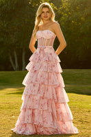 Laden Sie das Bild in den Galerie-Viewer, Trägerloses A-Linie Gelbes Blumen Besetztes Korsett Langes Ballkleid mit Rüschen