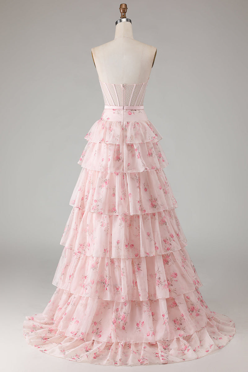 Laden Sie das Bild in den Galerie-Viewer, Rosa Geblümtes Trägerloses Gestuftes A-Linie Korsett Muster Langes Ballkleid mit Strasssteinen und Rüschen