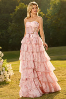 Laden Sie das Bild in den Galerie-Viewer, Trägerloses A-Linie Gelbes Blumen Besetztes Korsett Langes Ballkleid mit Rüschen