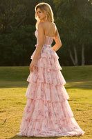 Laden Sie das Bild in den Galerie-Viewer, Trägerloses A-Linie Gelbes Blumen Besetztes Korsett Langes Ballkleid mit Rüschen