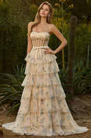 Laden Sie das Bild in den Galerie-Viewer, Trägerloses A-Linie Gelbes Blumen Besetztes Korsett Langes Ballkleid mit Rüschen