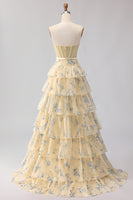 Laden Sie das Bild in den Galerie-Viewer, Rosa Geblümtes Trägerloses Gestuftes A-Linie Korsett Muster Langes Ballkleid mit Strasssteinen und Rüschen