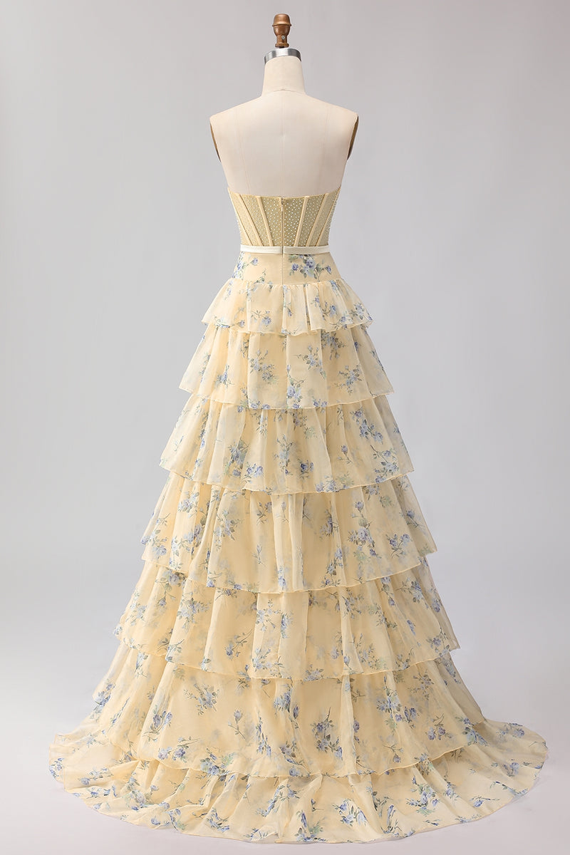 Laden Sie das Bild in den Galerie-Viewer, Rosa Geblümtes Trägerloses Gestuftes A-Linie Korsett Muster Langes Ballkleid mit Strasssteinen und Rüschen