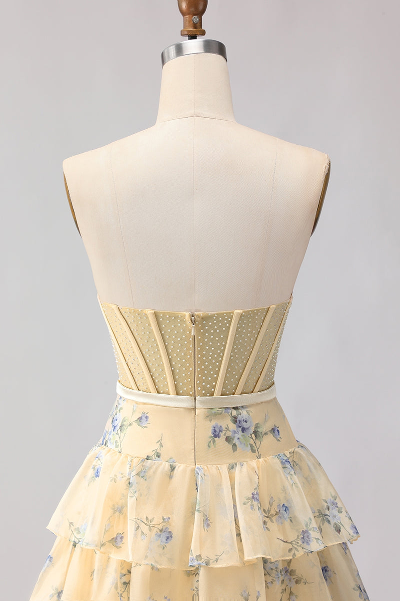 Laden Sie das Bild in den Galerie-Viewer, Rosa Geblümtes Trägerloses Gestuftes A-Linie Korsett Muster Langes Ballkleid mit Strasssteinen und Rüschen