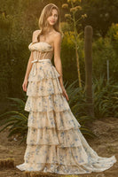 Laden Sie das Bild in den Galerie-Viewer, Trägerloses A-Linie Gelbes Blumen Besetztes Korsett Langes Ballkleid mit Rüschen