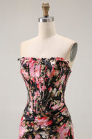 Laden Sie das Bild in den Galerie-Viewer, Schwarzes Rosa Geblümtes Meerjungfrau Trägerloses Korsett Langes Ballkleid mit Schlitz