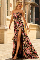 Laden Sie das Bild in den Galerie-Viewer, Schwarzes Rosa Geblümtes Meerjungfrau Trägerloses Korsett Langes Ballkleid mit Schlitz