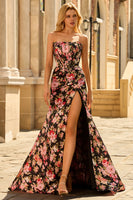Laden Sie das Bild in den Galerie-Viewer, Schwarzes Rosa Geblümtes Meerjungfrau Trägerloses Korsett Langes Ballkleid mit Schlitz