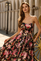 Laden Sie das Bild in den Galerie-Viewer, Schwarzes Rosa Trägerloses Blumen Muster Langes A-Line Ballkleid mit Schleife