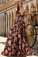 Laden Sie das Bild in den Galerie-Viewer, Schwarzes Rosa Trägerloses Blumen Muster Langes A-Line Ballkleid mit Schleife