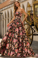 Laden Sie das Bild in den Galerie-Viewer, Schwarzes Rosa Trägerloses Blumen Muster Langes A-Line Ballkleid mit Schleife