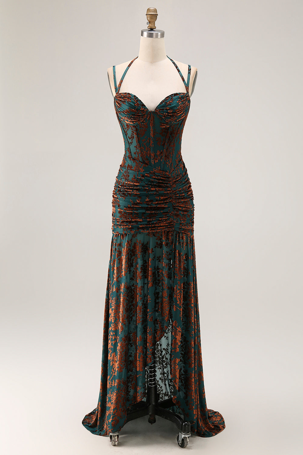 Dunkelgrünes Spaghettiträger Burnout Samt Korsett Rüschen Brautjungfernkleid