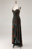 Laden Sie das Bild in den Galerie-Viewer, Dunkelgrünes Spaghettiträger Burnout Samt Korsett Rüschen Brautjungfernkleid