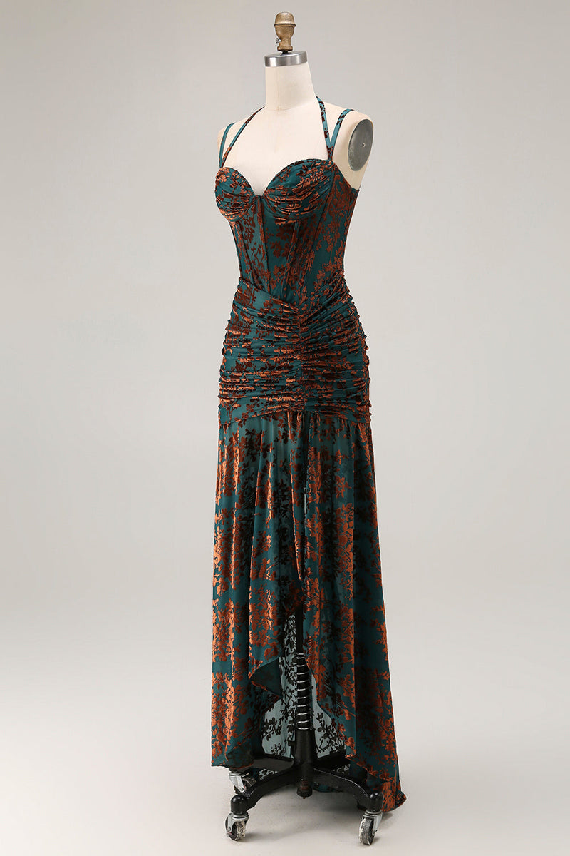 Laden Sie das Bild in den Galerie-Viewer, Dunkelgrünes Spaghettiträger Burnout Samt Korsett Rüschen Brautjungfernkleid