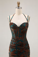 Laden Sie das Bild in den Galerie-Viewer, Dunkelgrünes Spaghettiträger Burnout Samt Korsett Rüschen Brautjungfernkleid