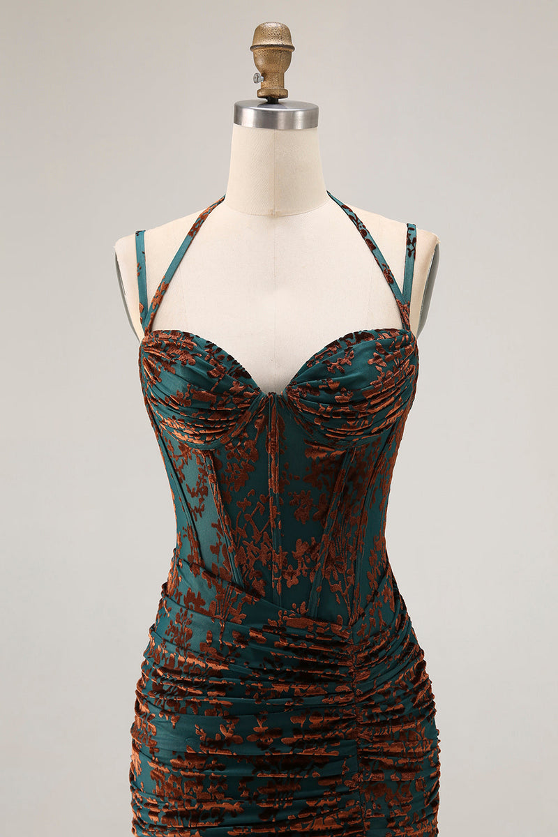 Laden Sie das Bild in den Galerie-Viewer, Dunkelgrünes Spaghettiträger Burnout Samt Korsett Rüschen Brautjungfernkleid