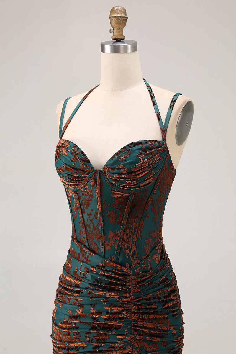 Laden Sie das Bild in den Galerie-Viewer, Dunkelgrünes Spaghettiträger Burnout Samt Korsett Rüschen Brautjungfernkleid