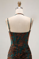 Laden Sie das Bild in den Galerie-Viewer, Dunkelgrünes Spaghettiträger Burnout Samt Korsett Rüschen Brautjungfernkleid