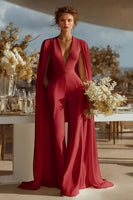 Laden Sie das Bild in den Galerie-Viewer, Elfenbein Braut-Jumpsuits mit V-Ausschnitt und Cape