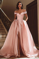 Laden Sie das Bild in den Galerie-Viewer, Weißes Schulterfreies Brautkleid aus Satin mit Schlitz