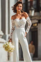 Laden Sie das Bild in den Galerie-Viewer, Schulterfreie Weiße Hochzeits-Jumpsuits aus Spitze