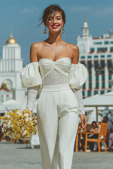 Schulterfreie Geraffte Weiße Spitze Hochzeits Jumpsuits