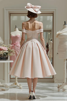 Bonbonrosa Kalte Schulter A Line Rüschen Midi Kleid für die Brautmutter