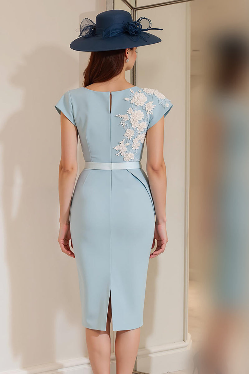 Laden Sie das Bild in den Galerie-Viewer, Hellblaues Midi Appliziertes Etui Kleid für die Brautmutter