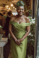 Laden Sie das Bild in den Galerie-Viewer, Dusty Sage Etui Schulterfreies Langes Kleid für die Mutter der Braut