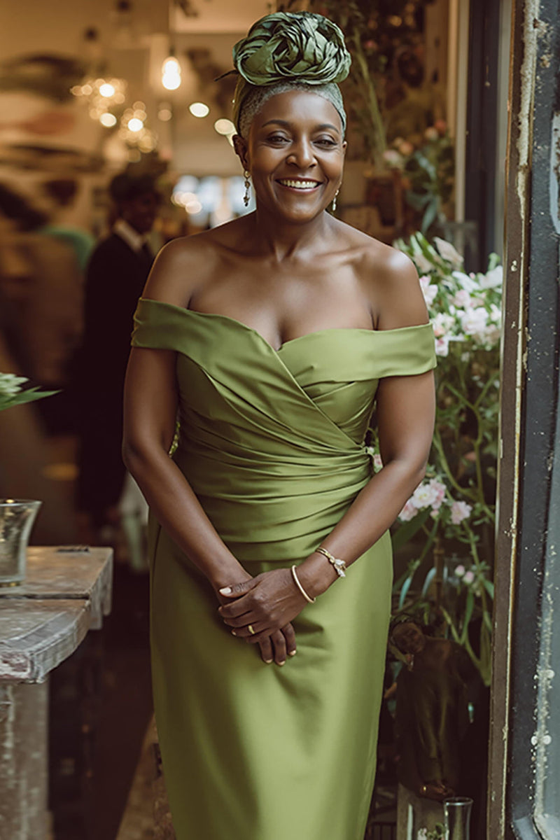 Laden Sie das Bild in den Galerie-Viewer, Dusty Sage Etui Schulterfreies Langes Kleid für die Mutter der Braut