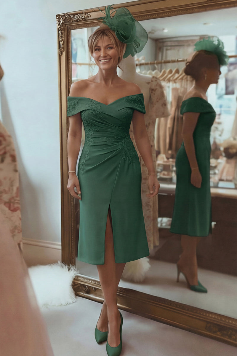 Laden Sie das Bild in den Galerie-Viewer, Blush Rosa Etui Schulterfreies Kleid für die Brautmutter mit Schlitz