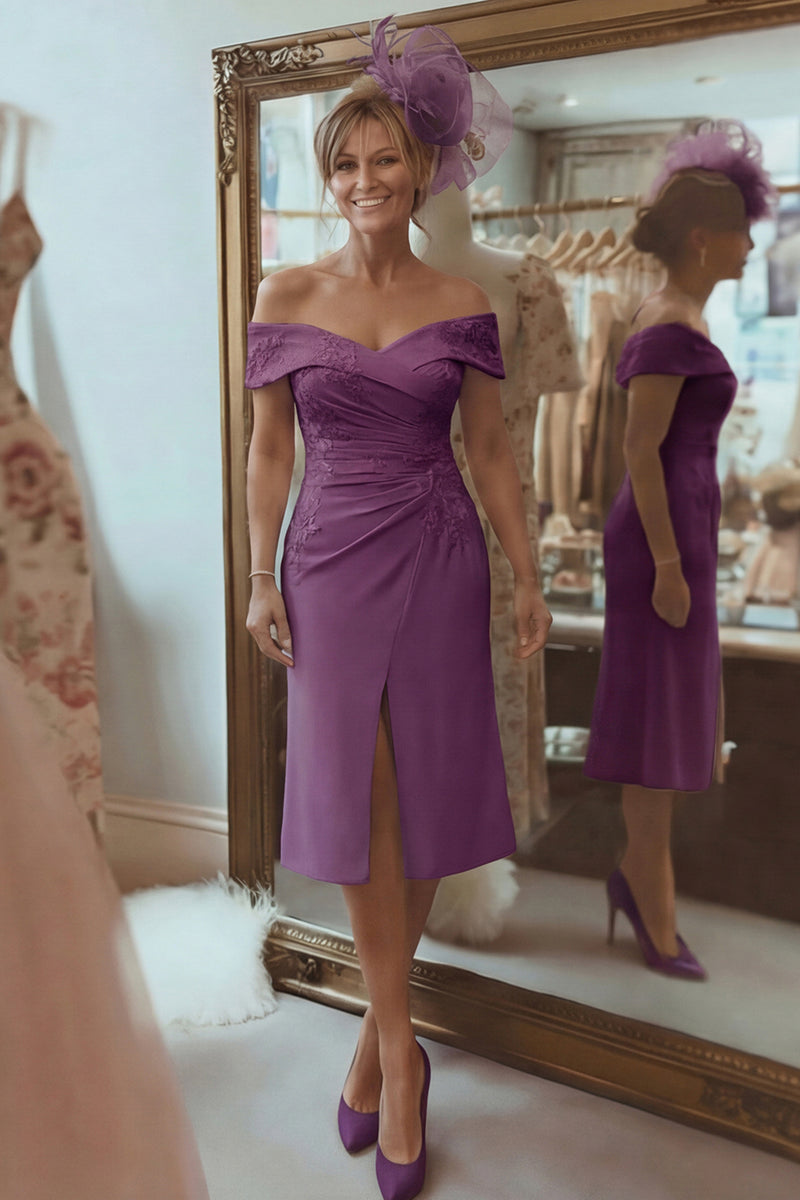 Laden Sie das Bild in den Galerie-Viewer, Blush Rosa Etui Schulterfreies Kleid für die Brautmutter mit Schlitz