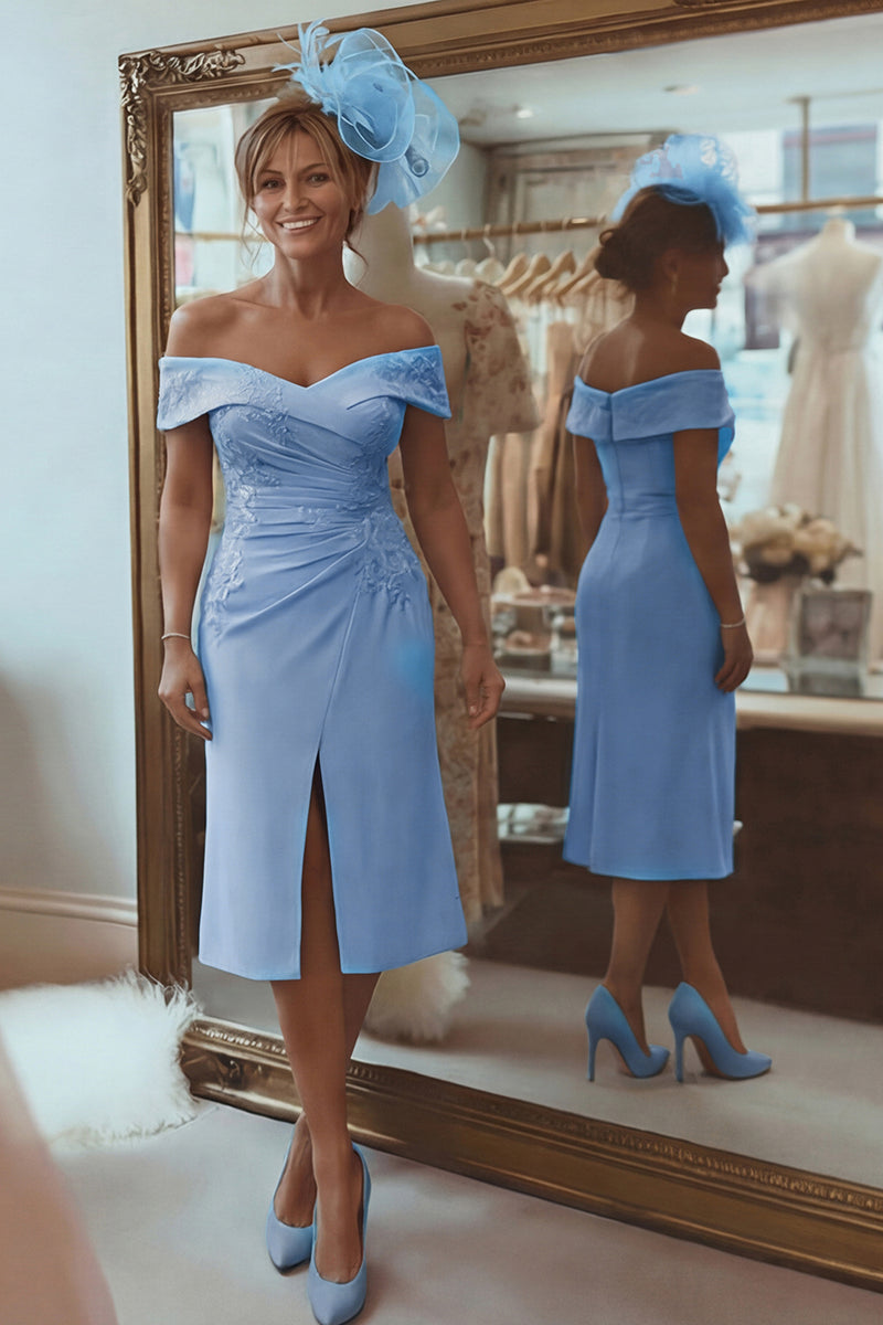 Laden Sie das Bild in den Galerie-Viewer, Blush Rosa Etui Schulterfreies Kleid für die Brautmutter mit Schlitz