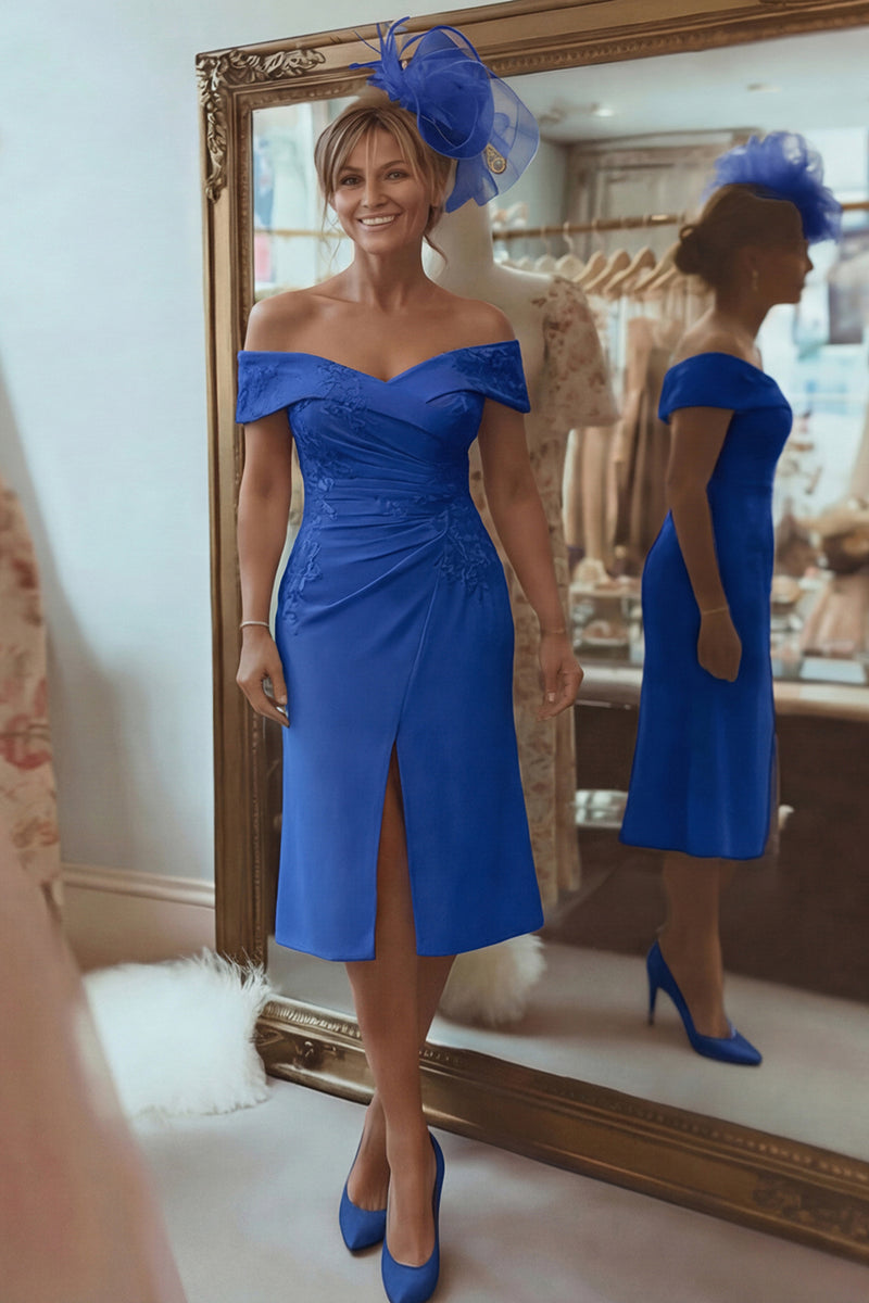 Laden Sie das Bild in den Galerie-Viewer, Blush Rosa Etui Schulterfreies Kleid für die Brautmutter mit Schlitz