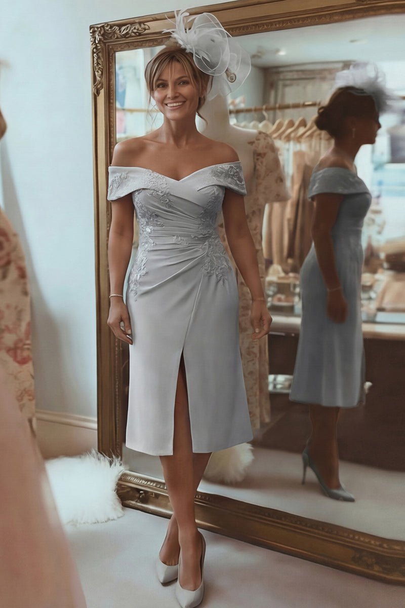 Laden Sie das Bild in den Galerie-Viewer, Blush Rosa Etui Schulterfreies Kleid für die Brautmutter mit Schlitz