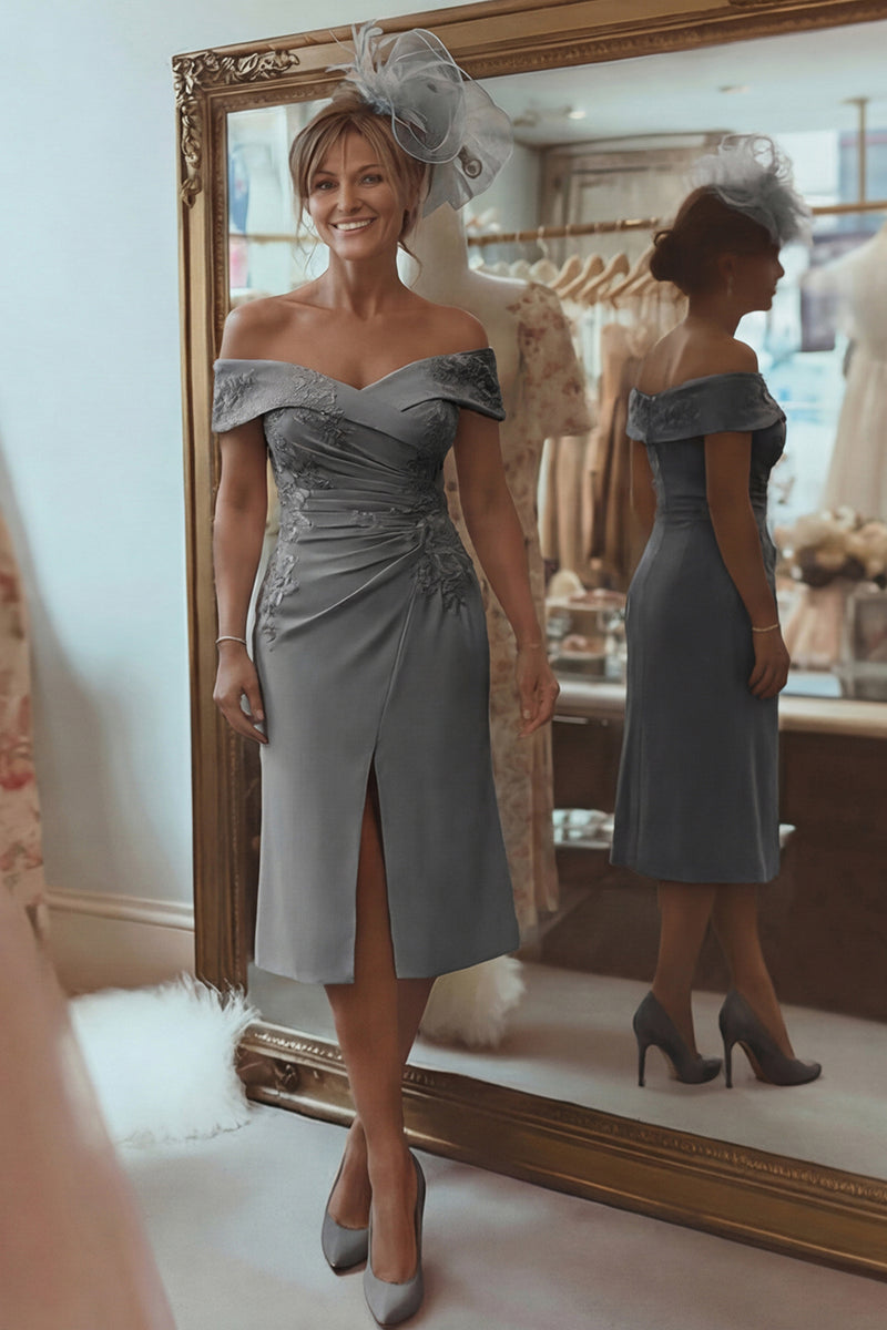 Laden Sie das Bild in den Galerie-Viewer, Blush Rosa Etui Schulterfreies Kleid für die Brautmutter mit Schlitz