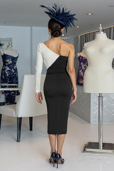 Schwarz-weißes Etui Eine Schulter Midi Mutter der Braut Kleid